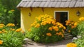A small cottage with Pot Marigold in a tropical garden