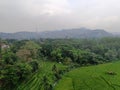 small cottage at rice field with mountains backgroud