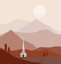 A small country church with a steeple is seen in the mountains Royalty Free Stock Photo