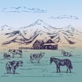 Small country house in mountains with cows herd and horse on hills, hand drawn doodle, sketch in pop art style, outline vector Royalty Free Stock Photo