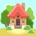 Small country house with orange walls and red roofs. Funny cartoon style. Country suburban village. Traditional simple Royalty Free Stock Photo
