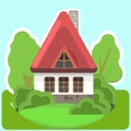 Small country house with white walls and red roofs. Funny cartoon style. Country suburban village. Traditional simple Royalty Free Stock Photo
