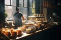 Small cozy cafe coffee shop bakery business enterprise interior sunny morning light proud happy barista offers cheap hot