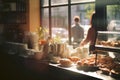 Small cozy cafe coffee shop bakery business enterprise interior sunny morning light proud happy barista offers cheap hot