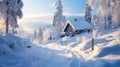 A small, cozy, homely house in a village surrounded by a snow-covered landscape of beautiful nature and winter. Royalty Free Stock Photo