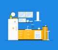 Small cozy kitchen interior with furniture and stove, dishes, fridge and utensils. Flat vector Royalty Free Stock Photo