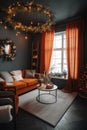 Small cozy living room in gray-orange colors in modern home with window decorated for Christmas. Royalty Free Stock Photo