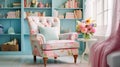 A small cozy living room in the style of shabby chic with a colorful armchair on the background of bookshelves, a Royalty Free Stock Photo