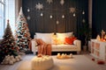 Small cozy living room in white-gray colors with orange decorations for Christmas. Royalty Free Stock Photo