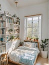 Small cozy room with delicate bright interior contains single bed and a lot of indoor plants