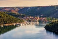 Skradin town on Krka river in morning light, the entrance to the Krka National Park, Croatia Royalty Free Stock Photo