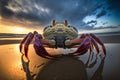 Wide angle view of a crab on the sea shore