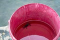 Small crab in a red bucket filled with water standing by the sea, a little crab caught and kept in a pot, animal abuse