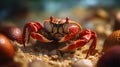 A small crab is sitting on the sand. Generative AI image.