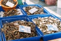 Small crabs piled in blue bins for sale at fresh market in Bangkok, Thailand