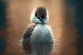 small crane bird with fluffy neck and head float on lake Royalty Free Stock Photo