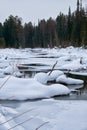 Small creek in Altai village Ust\'-Lebed\' in winter season Royalty Free Stock Photo