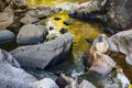 Small creek with clear and yellow waters running through the rocks