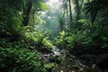 Small creek in the lush jungle with sunbeam AI generated Royalty Free Stock Photo