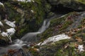 Small creek near Zlata Koruna village with green moss stone in winter cold day Royalty Free Stock Photo