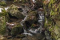 Small creek near Zlata Koruna village with green moss stone in winter cold day Royalty Free Stock Photo