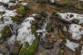 Small creek near Zlata Koruna village with green moss stone in winter cold day Royalty Free Stock Photo