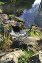 Small creek, river falls over a small waterfall, over stones, into a lake Royalty Free Stock Photo