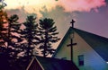 Christian cross against an ominous purple and pink sky