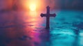 A small cross on a wet surface with the sun behind it, AI