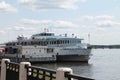 a small cruise ship docked at the pier Royalty Free Stock Photo