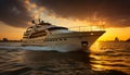 Small Cruise ship in the ocean at sunset Royalty Free Stock Photo