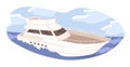 Small cruise ship swimming in sea water. Private single-deck yacht floating in waves. Voyage of modern marine liner