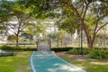 Small curve wooden bridge in garden.