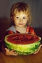 Small boy eating red watermelon Royalty Free Stock Photo