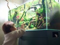 A small cute baby sits on a pouf and looks at the beautiful freshwater aquascape with live aquarium