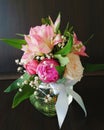 Flowers cute bouquet with roses and alstroemerias pink white green, wooden box