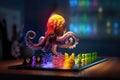 Small rainbow octopus playing transparent rainbow chess on chessboard, AI generative