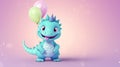 small cute dinosaur with balloons on pastel background, copy space