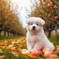 small cute dog sitting waiting in an apple orchard