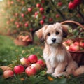 small cute dog sitting waiting in an apple orchard