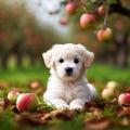 small cute dog sitting waiting in an apple orchard