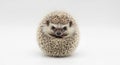 A small, cute hedgehog curled into a ball, facing the camera, isolated on white background Royalty Free Stock Photo