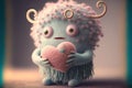 A small, cute, illustrated, fantasy, pastel color creature of wool holding a love heart. Generative AI