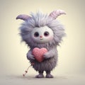 A small, cute, illustrated, fantasy, pastel color creature of wool holding a love heart