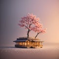 A small cute japanese house under the blossoming sakura tree, reference model, ai generated