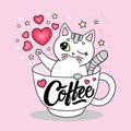 Small, cute kitten in a cup. The inscription on the cup, coffee. For children`s design. Vector illustration. Royalty Free Stock Photo