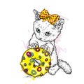 A small cute kitten holds a large multi-colored donut. Vector illustration. A pet. Cat.