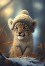 A small, cute lion cub in a hat, in the winter forest. AI Generated Royalty Free Stock Photo