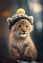 A small, cute lion cub in a hat, in the winter forest. AI Generated Royalty Free Stock Photo