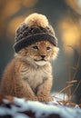 A small, cute lion cub in a hat, in the winter forest. AI Generated Royalty Free Stock Photo